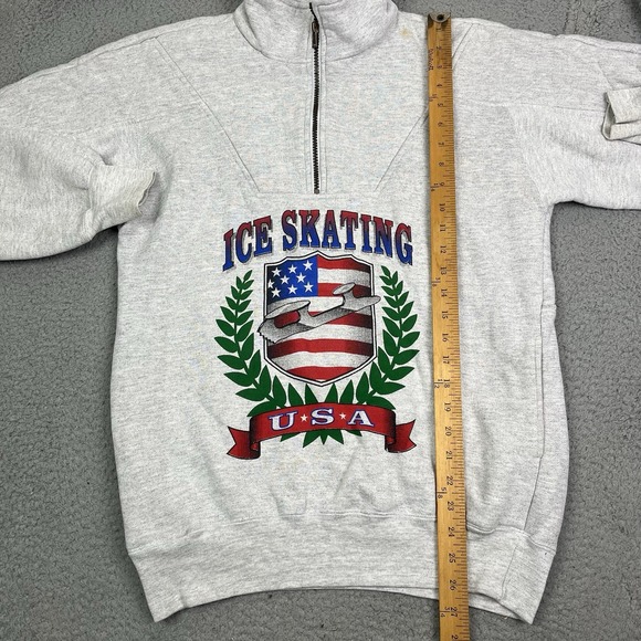 Vintage USA Ice Skating 1/4 Zip Sweater Grey Sweatshirt Pockets Size Medium - Picture 10 of 12
